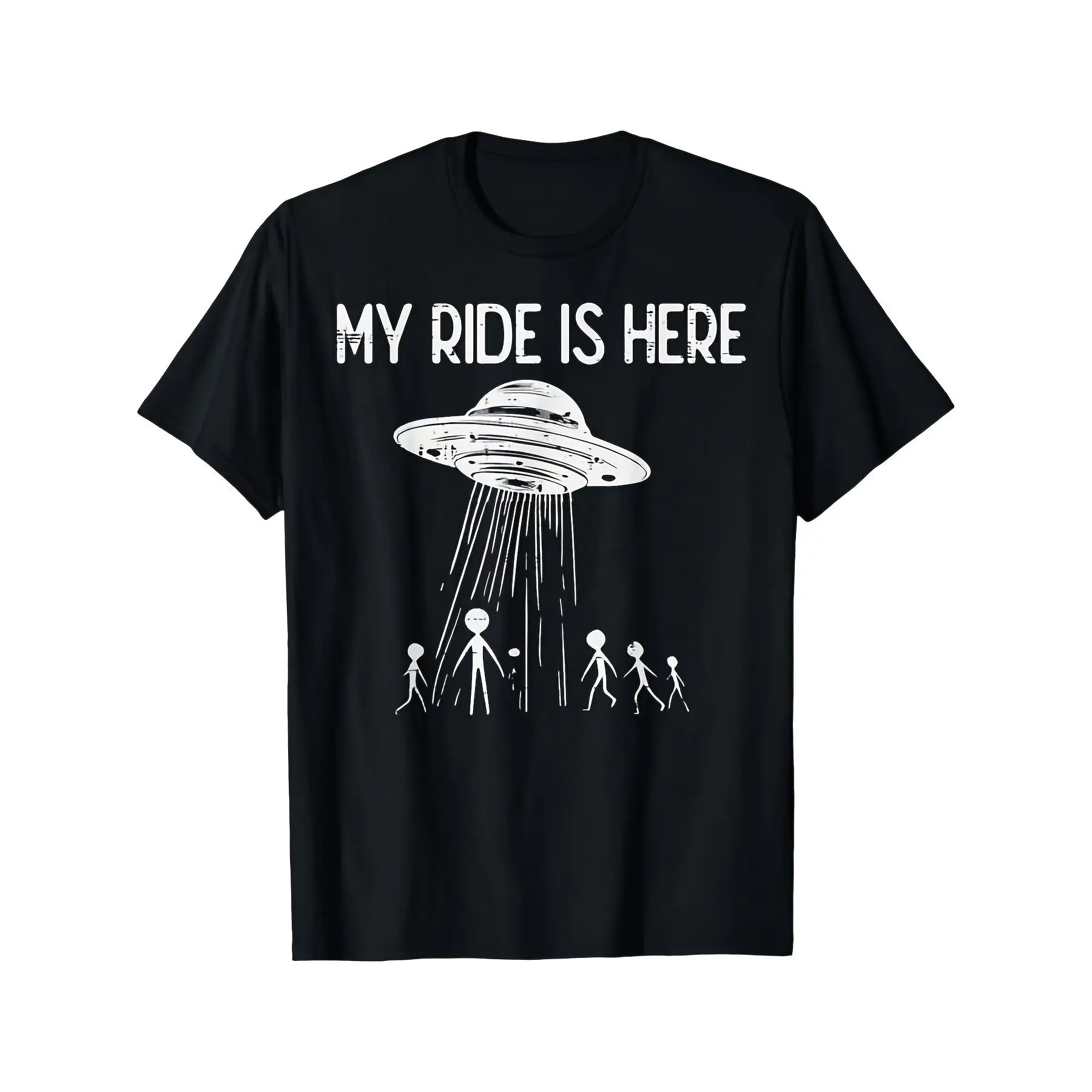Men's Funny Alien UFO T-Shirt - Vintage "My Ride Is Here" Graphic, 100% Cotton Regular Fit Short-Sleeve Crewneck, Fabric, Menswear, Round