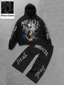 Angel Theme Casual Two-Piece Set, Fitted Design, Angel Print & 'advent' Slogan, Fall Winter Wear, Loose Fit, Daily & Urban Style