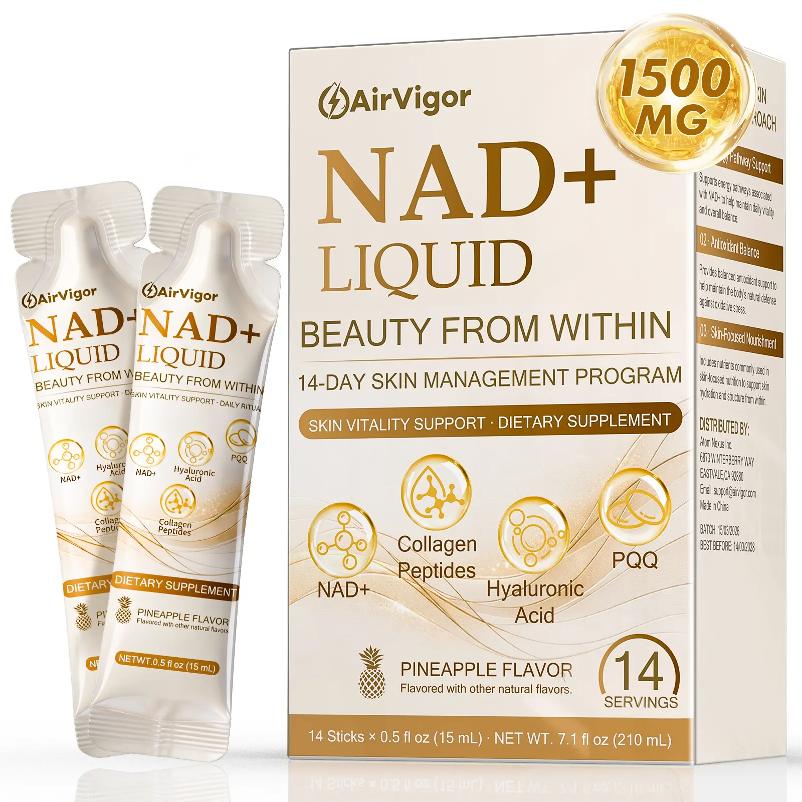 AirVigor NAD+ Liquid Supplement for Women with Collagen, Hyaluronic Acid & PQQ, Sugar-Free Pineapple Flavor, Daily Beauty & Wellness Support, 14 Ready-to-Drink Liquid Sticks
