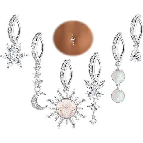 6 Pcs 14G Clicker Belly Button Ring for Women, 316L Steel Butterfly CZ Opal Rhinestone Dangle Simple Reverse Navel Rings, Body Belly Piercing Jewelry, Body Jewellery