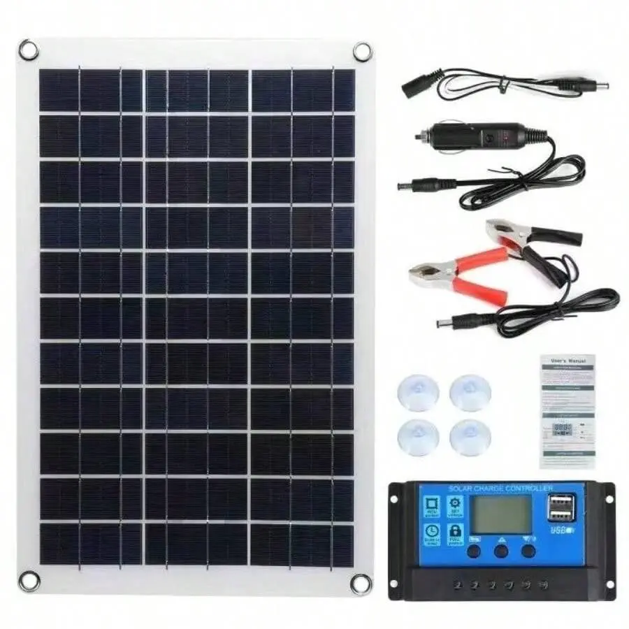 Outdoor Flexible Solar Panel Kit, 60A-10A MPPT Solar Charge Controller Module Solar Photovoltaic Panel Battery Charger Kit For Car RV Boat Roof Box Camping Solar Powered Charger