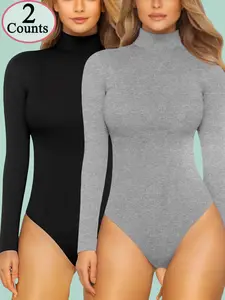 2 Count Women's Solid Color, Knit Turtle Neck High Neck Long Sleeve Jumpsuit, Butt Lifting And Tummy Control Bodysuit Jumpsuit, Thermal Body Shaperwear, Shapewear, Slim Fit Teen Girls Fall Winter Clothes 2025, Suitable For Daily Wear, Fashion Outing