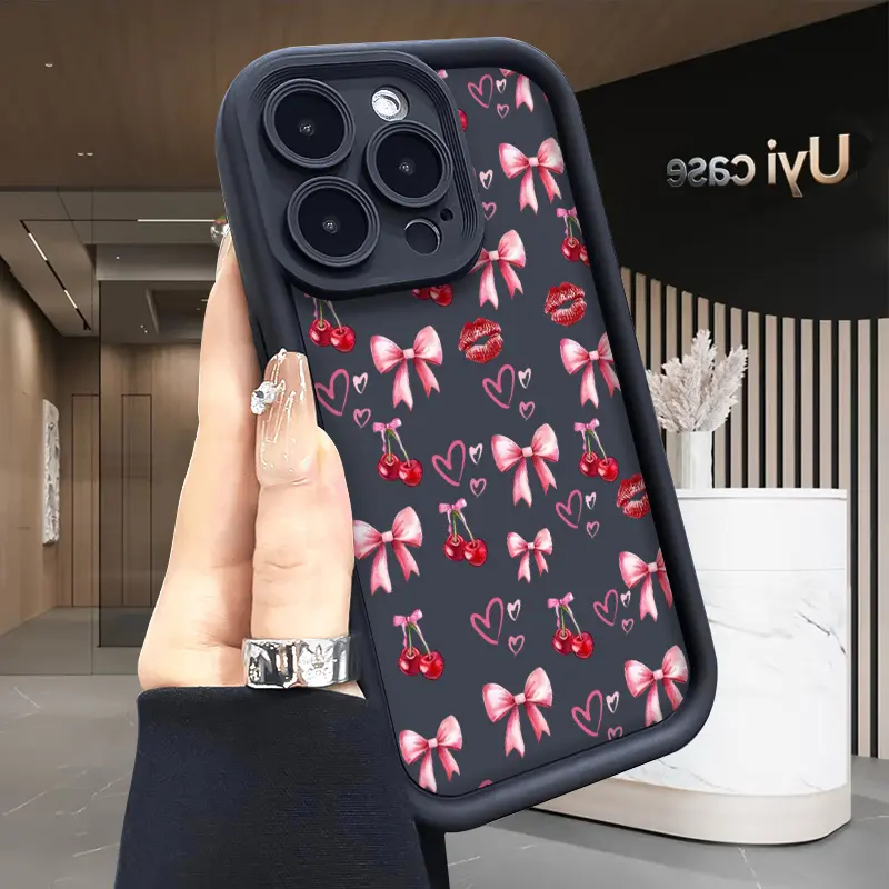 Cherry Lips & Bows Phone Case for iPhone 17 Air 16 Pro Max 15 Plus 14 13 12 11 XS X Full Body Protection Shockproof Soft Silicone Cover Festive Spirit