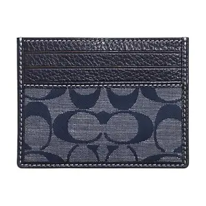 COACH Card Case 10 – Classic Monogram Fabric and Leather Mini ID Card Holder for Women, Denim Blue