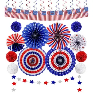 26 count 4th of July Decorations Patriotic Decor  Flag String Red White Blue Paper Fans  Streamer Pom Poms  Swirls for Memorial Day,Fourth of July,Armed Forces Day,Flag Day