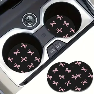 Pink Bow Pattern Absorbent Cup Mat and Holder, Women's Car, Sedan, Home Desk Use, Stylish and Practical Drink Accessories