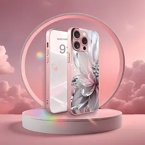 Silver textured floral print pattern phone case, fully covered with anti drop tempered glass protective case, phone accessory, suitable for iPhone 17/16/15/14/13/12/11/Pro/ProMax/Plus/Air series, birthday gift, holiday gift, couple phone case