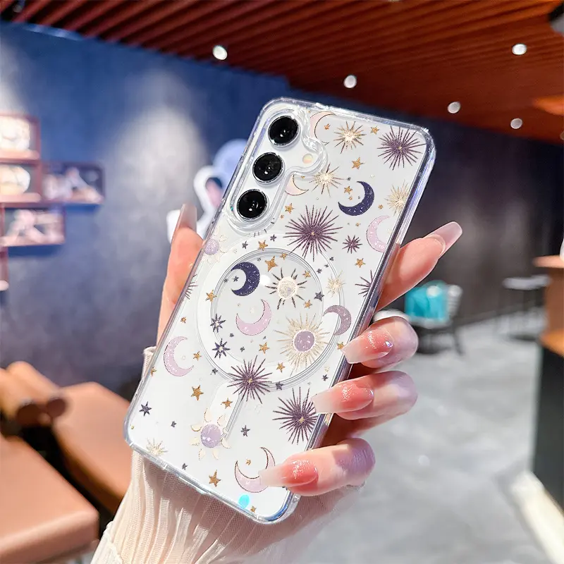 Celestial Sun Moon Stars Glitter Pattern Hot HD Clear Shockproof Transparent Acrylic Magnetic Printed.Galaxy S26 S25 S24 S23 S22 S21 S20 Fe Plus Ultra Edge S10E A57 A56 A55 A54 A37 A36 A35 A34 A26 A25 A24 A23 A17 A16 A15 A14 A07 A06 A05s