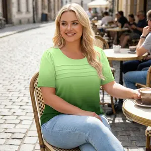 ROSRISS [1X-5X] Plus Size Tops for Women Summer Puff Short Sleeve Shirts Casual Pleated Crewneck Tees DPS1080 Cute Fit Fabric Breathable