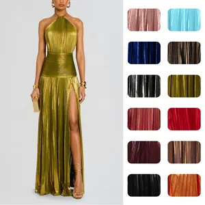 Amazon independent site European and American women's clothing metallic pleated slit tie-neck sleeveless backless dress 8155