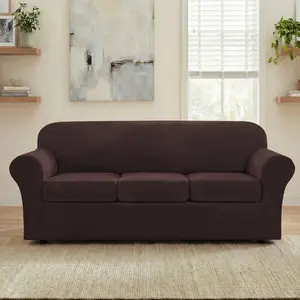 H.Versailtex Modern Velvet Plush High Stretch Sofa Slipcover with Elastic Bottom BROWN 3 Cushion Sofa