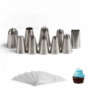 10 Pcs Icing Piping Tips & 50 Pastry Bags – Stainless Steel Cake Decorating Set, Large Decoration Tips for Swirls, Rosettes, Macarons – Reusable Tips, Disposable Bags tiktokshopspringglowup