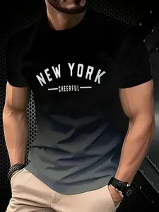 Men's 3D Gradient New York Style Streetwear Graphic T-Shirt, Casual Round Neck Breathable Fabric, Summer Sports & Daily Wear, Fitted Slim Fit Design