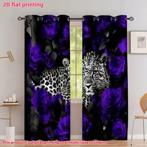 2D Flat 2Pcs Leopard Animal Print Window Curtain Panel with Purple Floral Pattern, Semi Sunshade Perforated Eyelet Design for Privacy, Aesthetic Room Decor, Suitable Living, Bedroom, Balcony, Kitchen, Study Decoration, Accessor