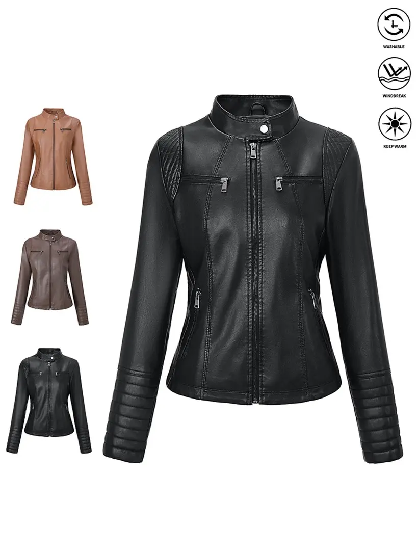 Clean Gent Women’s Long-Sleeve Polyester Faux Leather Symmetrical Motorcycle Jacket – Solid Color, Woven Texture, Faux Leather Trim, Zipper Closure, Casual Autumn/Winter Outerwear | A Must-Have for Dry Cleaning (New Arrival for Fall)
