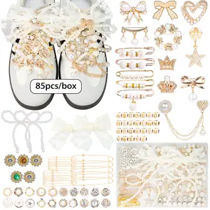85-piece set with storage box for shoe and boot decoration, hat and sock accessories, clothing badge pin accessories, DIY shoe and sock safety pin accessories