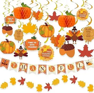 Thanksgiving Decorations 40PCS, Pre-Assembled Thanksgiving Banner, Hanging Swirls, Fall Leaves Garland and Honeycomb Pumpkins for Thanksgiving Decor, Fall decor, Thanksgiving Decorations for H
