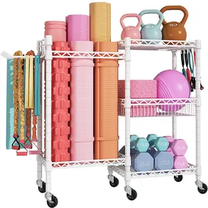 Home Gym Storage, 3 Tiers Workout Equipment Organizer with Wheels for Yoga Mats, Foam Roller, Dumbbells, Kettlebells, and Resistance Bands