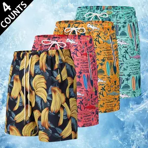 3-Pack Men's Tropical Print Swim Shorts, Beach Theme with Shark & Palm Tree, Elastic Waist Drawstring, Zipper Pockets, Quick Dry Board Shorts for Vacation, Pool and Summer Wear
