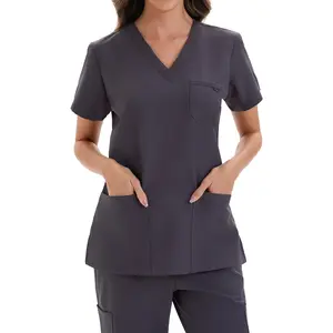 VECARDI Women's Stretchy Elastic Fabric Basic Medical Workwear Scrub Top - Short Sleeve, V-Neck Garment, 3 Pockets, Dark Grey Nurse Uniform Tee