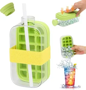 Ice Cube Bottle - 2 in 1 Portable Water Bottle & Quick Ice Maker Molds with Lid and Straw for Hydration on the Go - Easy Release & Clean Ice Cube Tray for Coffee Whiskey Champagne Beer