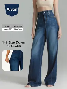 Alvon Full Length Baggy Jeans Women's Recycled Denim Pants High Waist Plus Size , Classic Streetwear Womenswear Comfort Bottom Wide Leg Trouser