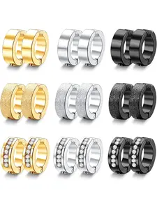 9 Pairs Silvery Golden Black Mixed Non-Pierce Clip on Hoop Earrings for Women Men Premium Gloss Polished Stainless Steel with Three Fundamental Classic Color Finishes Diverse Contemporary Hoop Styles Sparkling Zirconia Exquisite Luxurious Luminous Glow