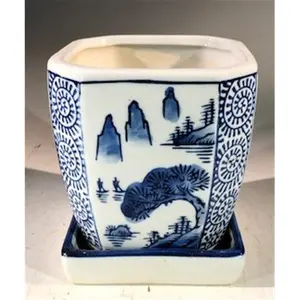 Bonsai Boy L391p 4 x 4 x 4 in. Porcelain Bonsai Pot with Attached Humidity Drip Tray, Blue & White - Square