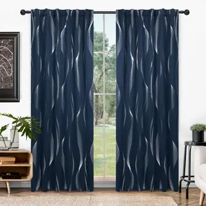 Blackout Curtains 2 panels, Deconovo Blackout Back Tab Silver Curved Wave Pattern Printed  Window Curtains for Living Room curtain