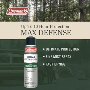 Coleman Insect Repellent Spray, 100% MAX DEET, Protection Against Ticks, Mosquitoes, Chiggers, Gnats, Fleas, Ideal for Camping, Hiking, and Outdoor Activities, 4oz Continuous Spray