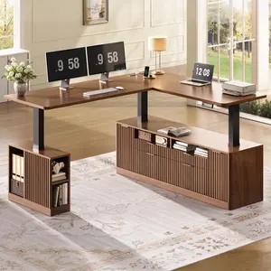 Sedeta 69-Inch L-Shaped Electric Height-Adjustable Wood Workstation with 4 Drawers, Shelves, Monitor Shelf, Fluted Textures, Power Outlet & Storage Drawer Platform (L-Shaped Computer Armoires)