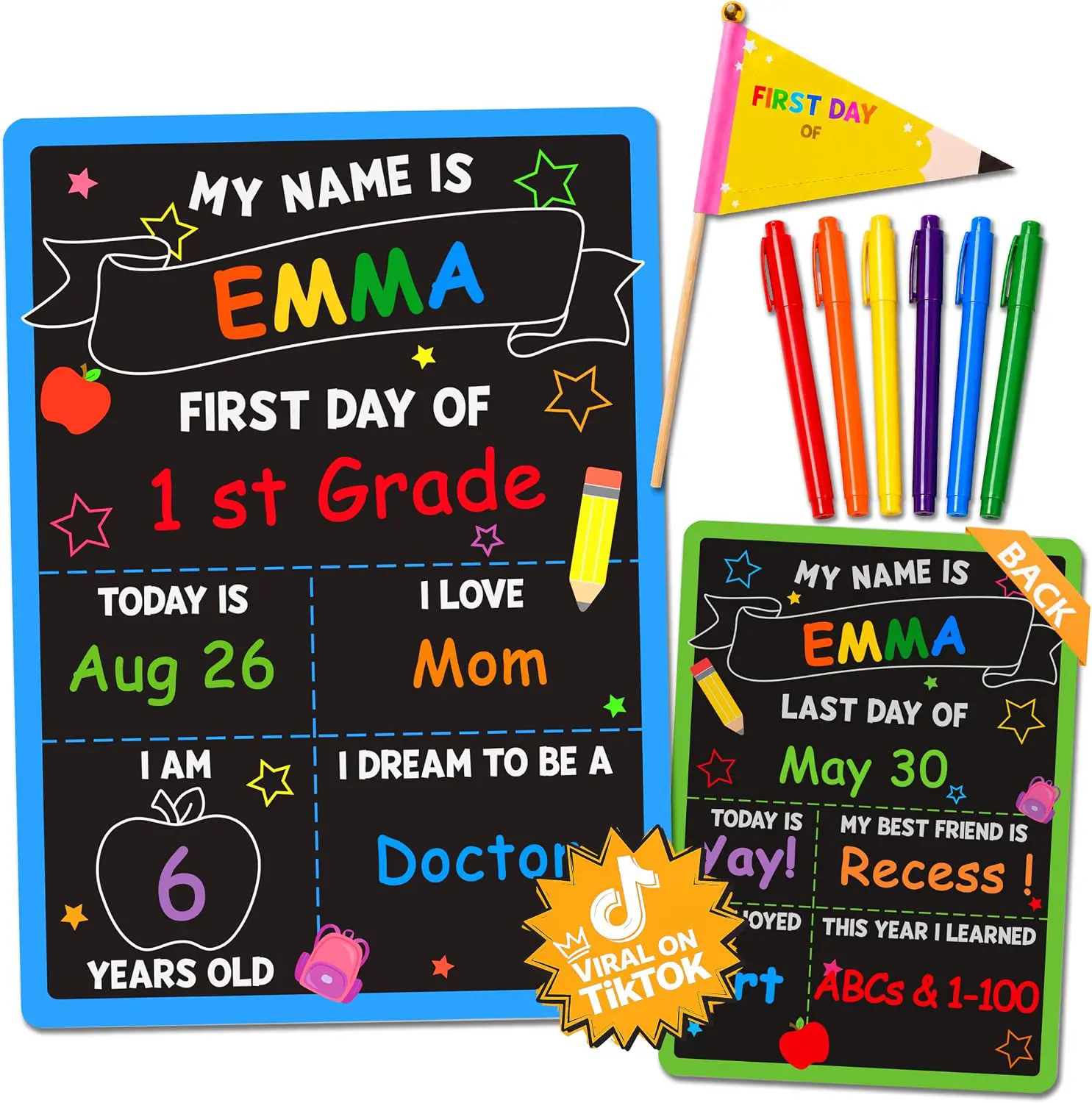 BEAWART First Day of School Black Sign Board, 10x14 Double-Sided First & Last Day Chalkboard Sign, Reusable Back to School Photo Prop For Preschool Kindergarten Kids, Includes Pencil Flag & White Chalk Marker