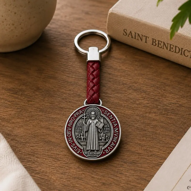 San Benito Medal Pendant red Keychain - Stainless Steel, Braided Leather Chain Jewelry Necklaces for Men, Engraved Cross Biblical Daily Religious Costume Jewelry Accessories