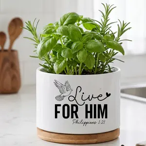 "Live For Him" Philippians 1:21 Religious Ceramic Succulent Planter with Bamboo Tray - Aesthetic Faith White Mini Pot with Dove Design - Christian Decorative Flower Pot for Shelf & Tabletop