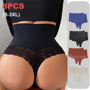 SEZZGU 8pack Sexy Women's Lace Underwear High Waist Panties Breathable Floral Women's Panties.Womenswear Basic Minimalist Black2Blue2Pink2Beige2