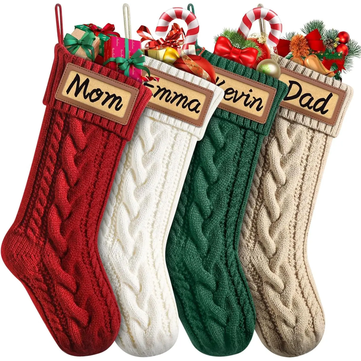 (R) 4 count Personalized Christmas Stockings with Leather Patches Custom Name, 18"  Large Knitted Christmas Stockings for , Family, Holiday and Fireplace Party Decoration