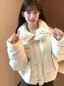 Sweet Polka Dot Parkas Women Winter Loose Casual Thicken Button Patchwork Puffy Coats Korean Fashion Fur Collar Female Outwear