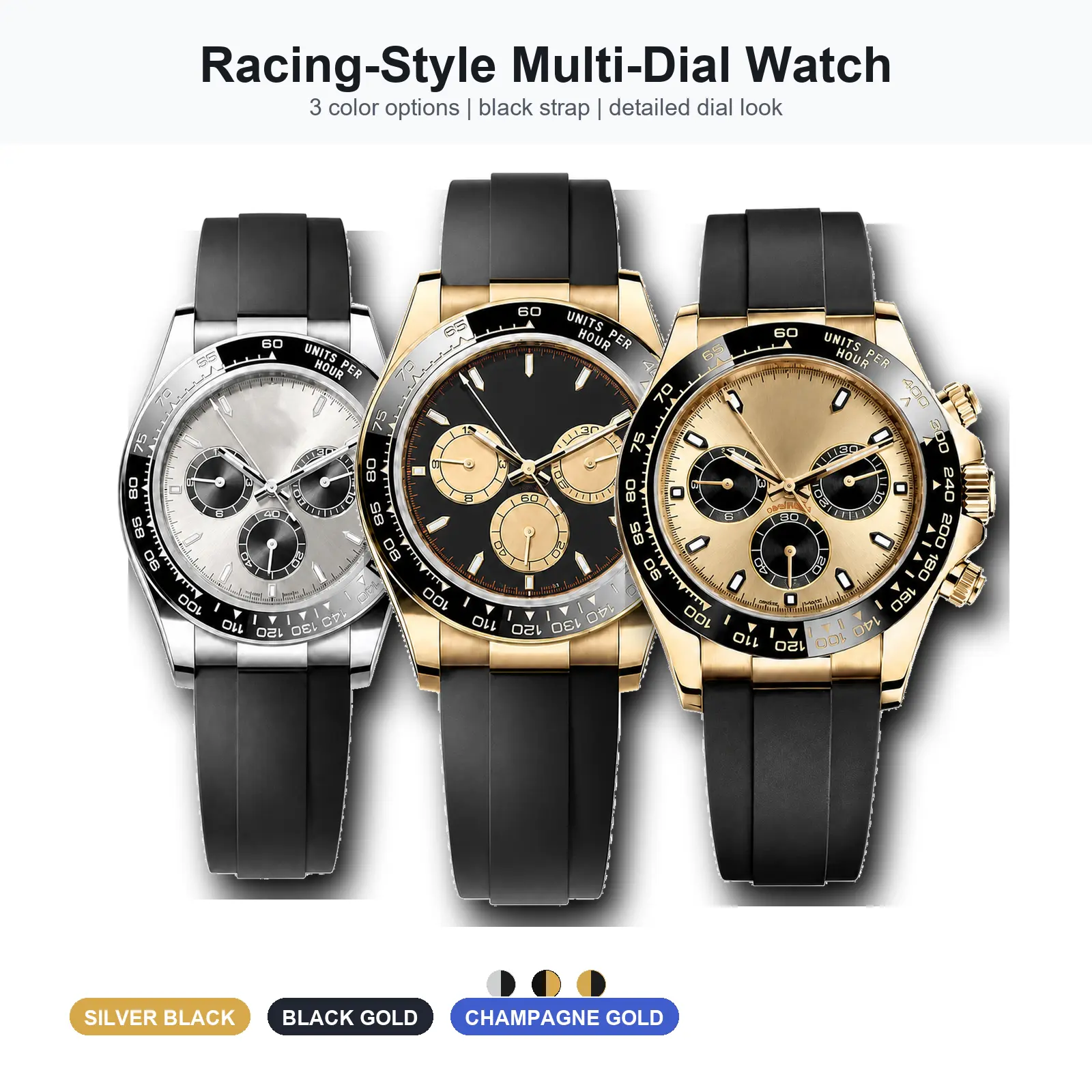 Racing Style Multi-Dial Watch for Men, Black Strap Wristwatch with Numbered Bezel Look, Silver Black, Black Gold, Champagne Gold Options