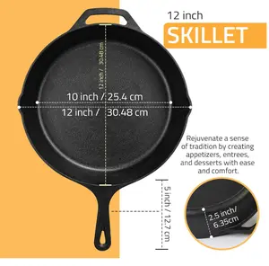 Kitchen Cast Iron Frying Pan 12 Inch, Cast Iron Chefs Pan, Pre Seasoned Skillet, Safe Grill Cookware for Indoor & Outdoor Use