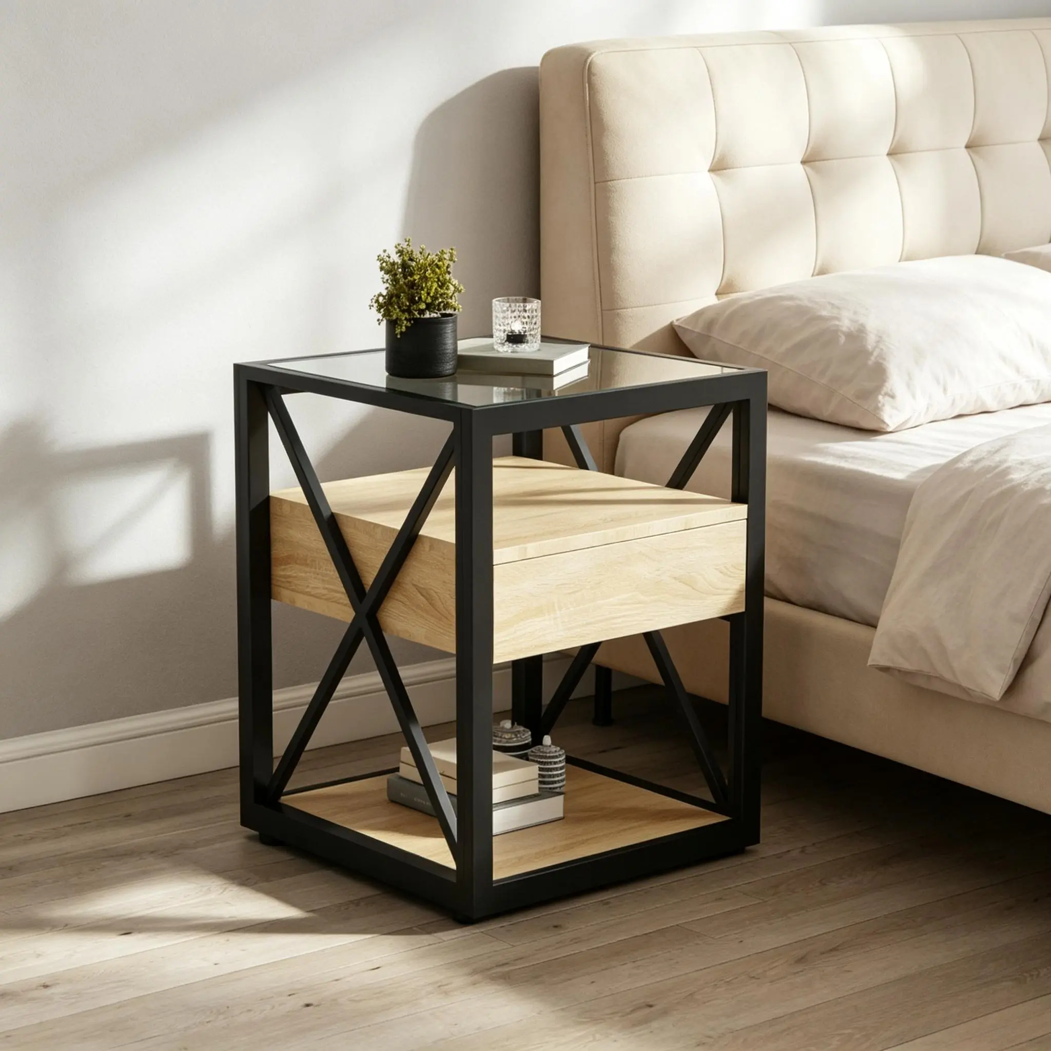 Industrial Nightstand with Drawer, X Metal Frame End Table, 3-Tier Storage Side Table, Tempered Glass Top Bedside Table for Bedroom Living Room