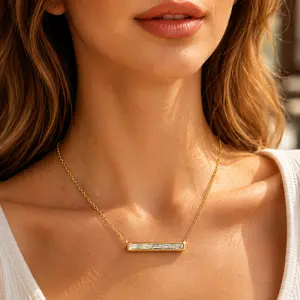 Horizontal Baguette Crystal Bar Necklace for Women, 14K Gold Plated 925 Sterling Silver，Adjustable 15-17 inch Chain， Dainty Minimalist Thin Collarbone Chain, Elegant Daily Wear Wedding Party Jewelry Gift for Her