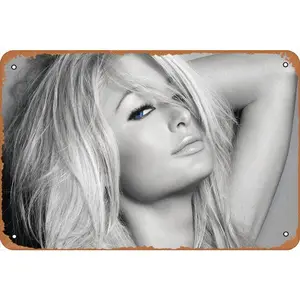 blondes, Women, Paris, Hilton, Grayscale, Monochrome Wall Poster Metal Vintage Band Tin Signs Retro 12 x 8 inches Garage Plaque Decorative Living Room Garden Bedroom Office Hotel Cafe Bar