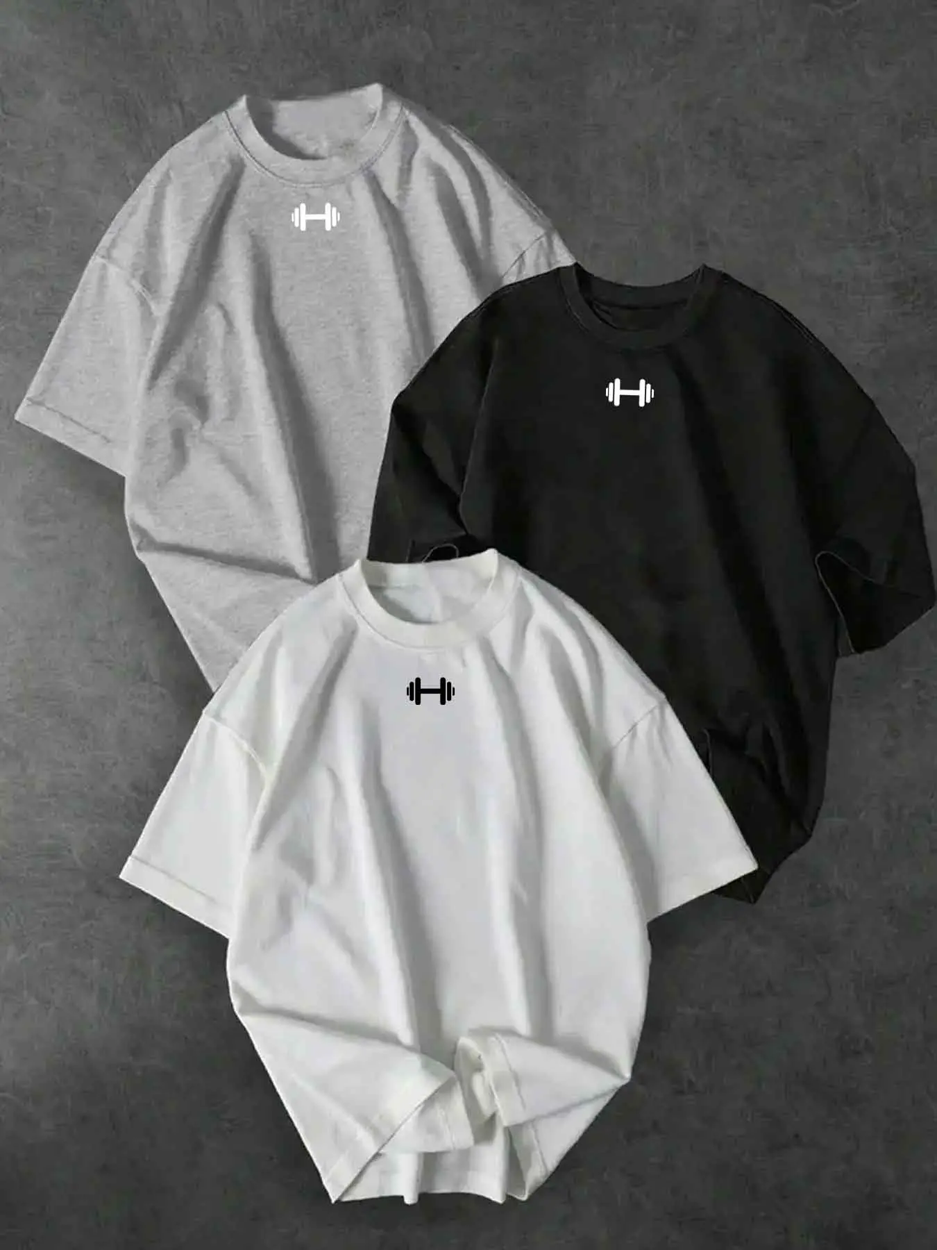 Gym Inspired Men's 3 Pack Oversized Graphic T-Shirts, Minimal Dumbbell Basic Classic Crewneck Tops, Trendy Versatile Everyday Workout Casual Shirts, Menswear (White/Black/Gray)