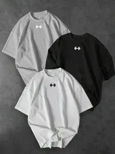 Gym Inspired Men's 3 Pack Oversized T-Shirts, Minimal Dumbbell Graphic Basic Crewneck Tops, Trendy Versatile Everyday Workout Casual Shirts (White/Black/Gray)