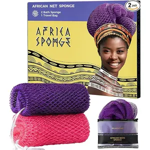 RelaxScene African Net Sponge authentic-2 Pieces Ethically Sourced African Loofah Shower nets - Body Scrubber Exfoliating Washcloth Purple & Green - Africa Bath Sponges for Back Scrubber Shower Accessories