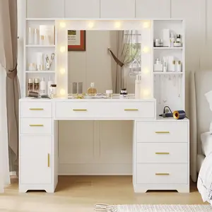 Sikaic Modern White Makeup Desk with 6 Drawers, Glass Tabletop, Power Outlets, Engineered Wood, 15.75"D x 48.8"W x 55.1"H, Bedroom Organization Storage