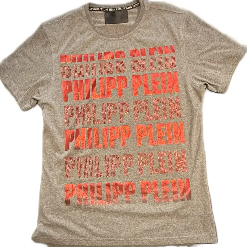 Philipp Plein Men’s Gray Cotton-Poly Logo Graphic Crew Neck Short Sleeve Tee