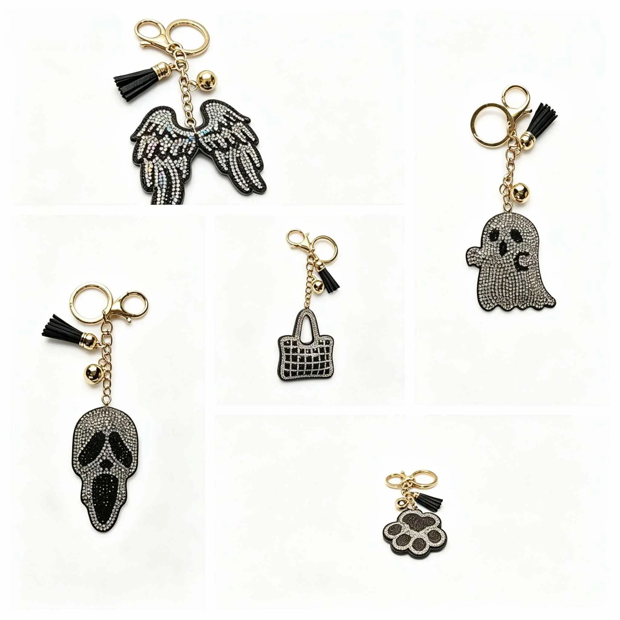 Women's Funky Charms 5-Piece Keychain-Bag Accessories Set - Rhinestone-Set Angel Wings 1 Charm, Black Tassels, Durable Festive Gift for Girlfriend, Daily Decor