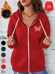Women's Fall Winter Fitted Hoodie, Butterfly Heart Pattern, Sporty Style, Comfortable Casual Outdoor Wear, Zipper Design