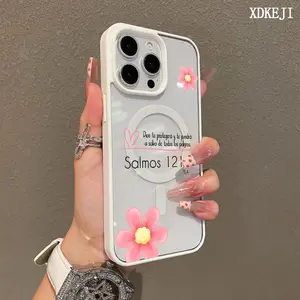 Spanish Bible Verse Pink Floral Pattern Premium Magnetic Phone Cases for iPhone 17 Air 16 15 14 Pro Max 13 12 11 Plus Smartphone Shockproof Protection Acrylic Cover Cellphone Protective magsafe case Resistance Casing